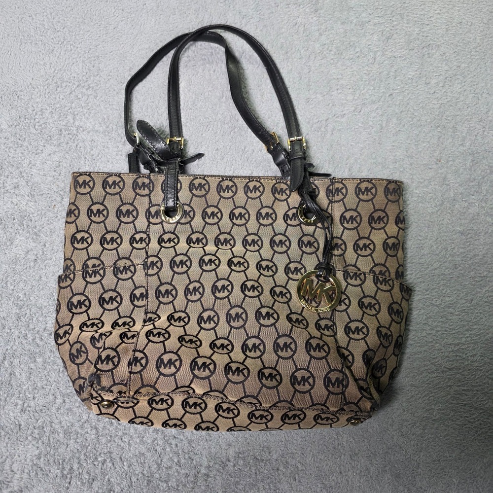 Michael Kors Womens Large Tote Bag Brown Black Monogram Logo Gold Hardware